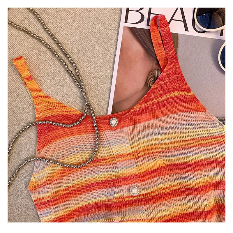 Niche Stripe Rainbow Cropped Knitted Worn Outside Tank Top
