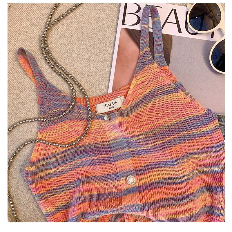 Niche Stripe Rainbow Cropped Knitted Worn Outside Tank Top