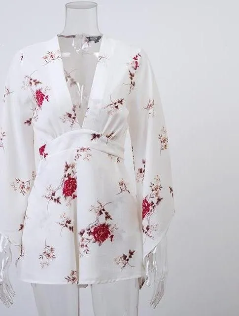 "Haley Rose" Floral V Neck Playsuits w/ Flare Sleeve