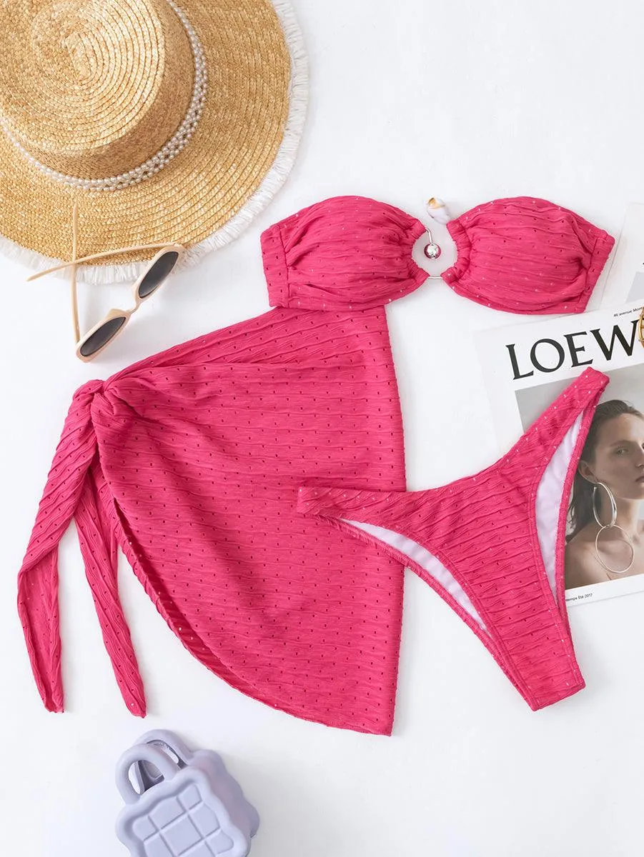Women's Modest Bandeau Bikini Set with Cover-Up | White Swimwear Ensemble
