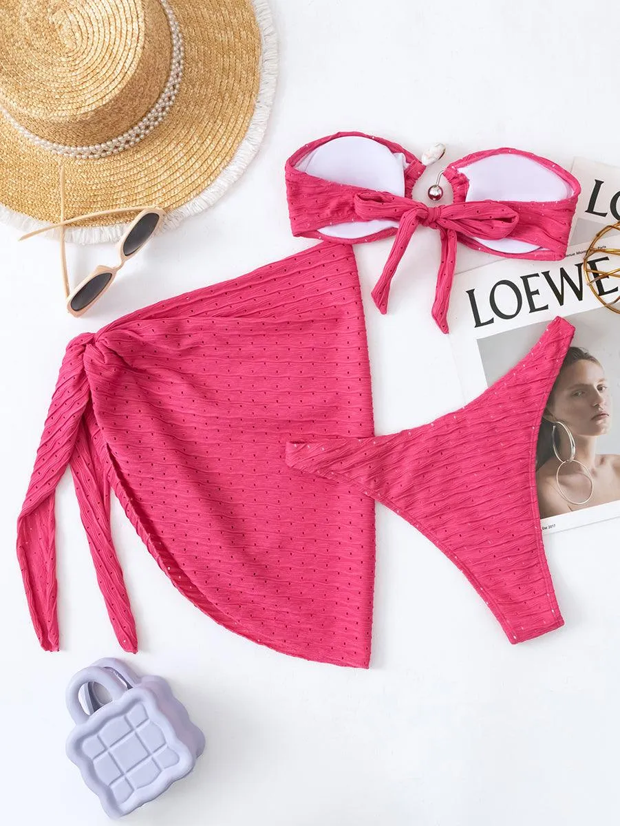 Women's Modest Bandeau Bikini Set with Cover-Up | White Swimwear Ensemble