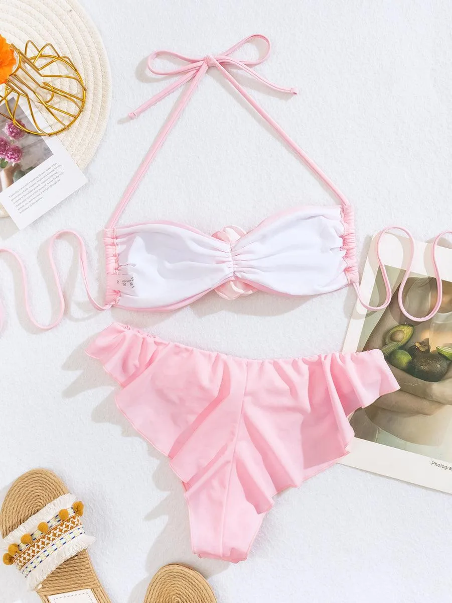 Women's Pink 3D Flowers Bikini Set | Sexy Two-Piece Swimwear