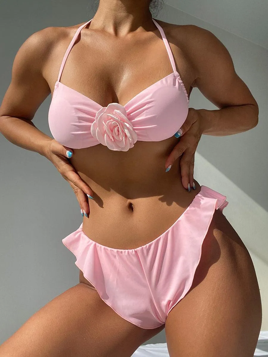 Women's Pink 3D Flowers Bikini Set | Sexy Two-Piece Swimwear