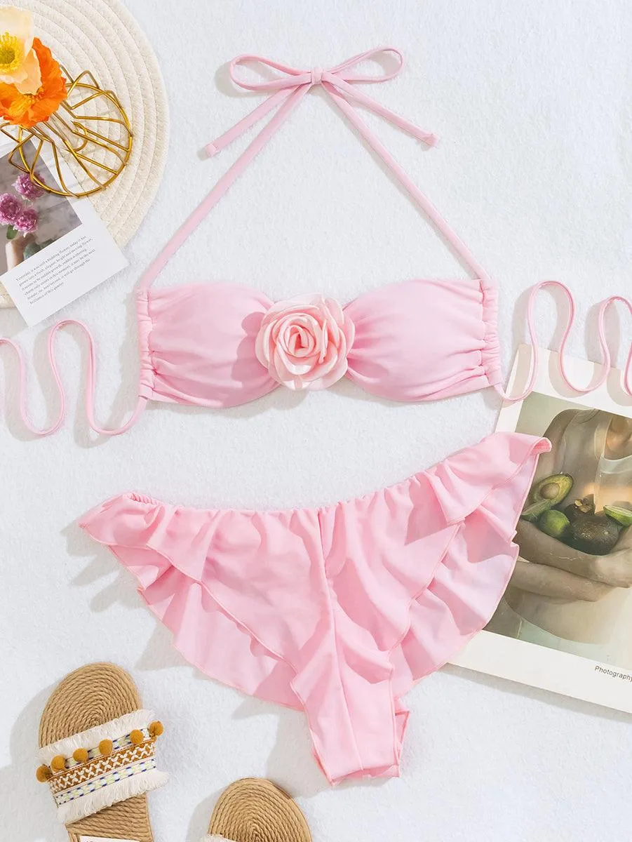 Women's Pink 3D Flowers Bikini Set | Sexy Two-Piece Swimwear